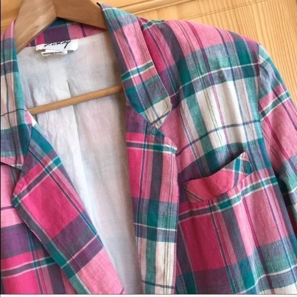 Vintage F Shay pink green plaid boyfriend blazer plus size 14